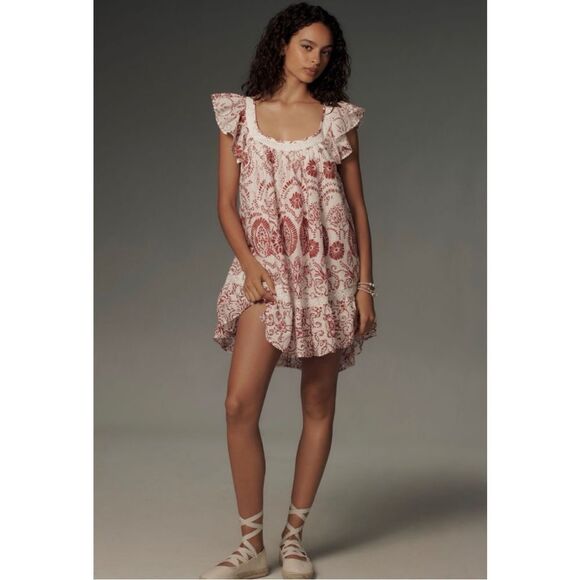 NEW Anthropologie Maeve Pink Flutter-Sleeve Lace Babydoll Mini Dress X-Small - Picture 1 of 4